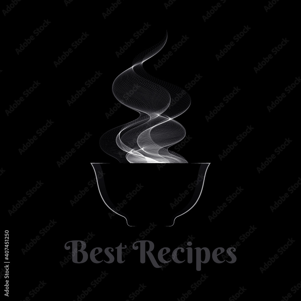 Sticker Soup dark logo. Bowl of hot soup with steam on  black background