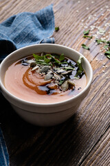 Pumpkin soup with pumpkin seeds on top