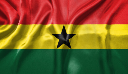 Ghana flag wave close up. Full page Ghana flying flag. Highly detailed realistic 3D rendering