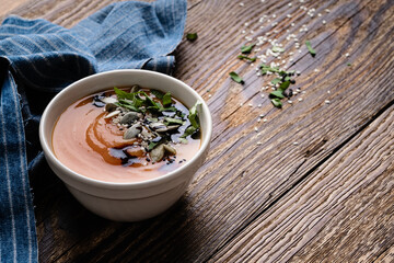 Pumpkin soup with pumpkin seeds on top