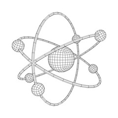 Planetary model of atom with nucleus and electrons spining on orbits. Nuclear nano technology. Wireframe low poly mesh vector illustration.