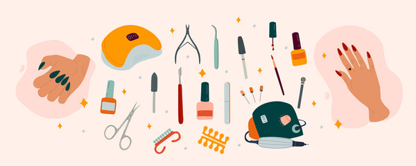 A trendy set of illustrations of female hands and various manicure accessories, equipment, flat style tools for social networks, stickers, etc.