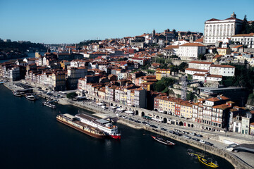 Fototapeta na wymiar Top view of Ribeira and Douro river from the Don Luis I Bridge in Porto, Portugal.