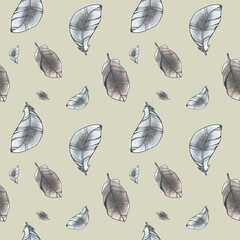 Cute airy transparent feathers seamless pattern square isolate on beige background. Textured digital art. Print for fabric, paper, packaging, textile, postcard, invitation, stationery