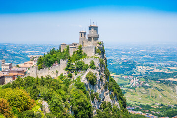 Fototapeta na wymiar San Marino, Guaita, first of three peaks which overlooks the city. The Guaita fortress is the oldest of the three towers constructed on Monte Titano and the most famous. One of Three Towers