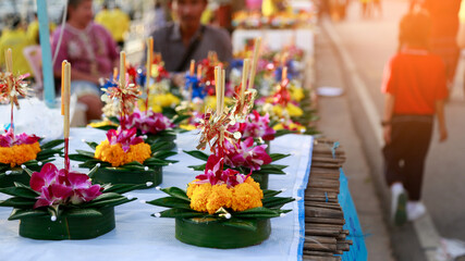 Fototapeta na wymiar A photo of a krathong made from banana leaves at the Loy Krathong festival in Thailand.