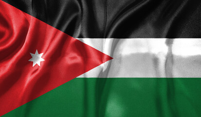 Jordan flag wave close up. Full page Jordan flying flag. Highly detailed realistic 3D rendering