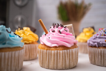 Delicious homemade cupcakes with Colorful cream and topping with candy and Chocolate Cookies. Homemade autumn holiday dessert