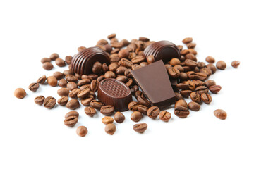 coffee beans and chocolate on white background isolated close up