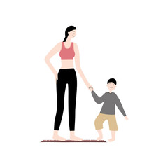 Obraz na płótnie Canvas Vector flat hand drawn illustration with mom and son use acupuncture mat to massage feet. Applicators for self-massage. Acupressure and family