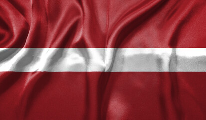 Latvia flag wave close up. Full page Latvia flying flag. Highly detailed realistic 3D rendering