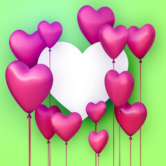 Fototapeta na wymiar Green background with paper realistic 3d pink heart balloons.