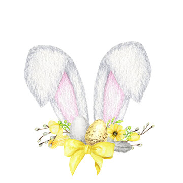 Watercolor Easter Bunny ears with floral crown and eggs isolated yellow gray illustration on white background. Hand painted cartoon Spring Holidays Rabbit ears