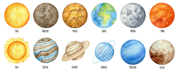 Watercolor planets of the solar system. Outer Space planet Mercury Venus Earth Mars Jupiter Saturn Uranus Neptune Pluto with Sun hand on white background. Our galaxy astronomy education material.
