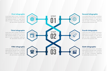 DNA abstract medical infographics template with six icon use hexagon as frame and three step of program.  variation blue colors palette.