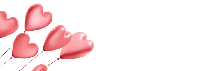 White banner with pink realistic 3d heart balloons.