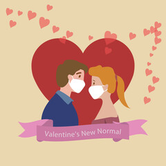 New normal Valentines lovers wearing white mask for logo, badges or web design