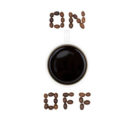 On-off switch made of a porcelain cup with black coffee and roasted coffee beans. Creative concept of turning energy boost on with caffeine.