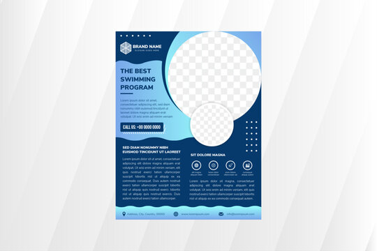 Set of the best swimming program flyer template design. vertical or portrait layout with space for photo collage in circle shape. dark blue background combined with blue gradient element. 