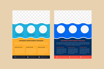 Set of the best swimming program flyer template design. vertical layout with space for photo collage in circle and rectangle shape. 