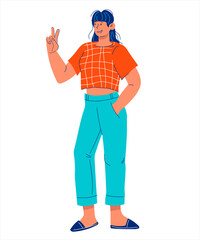 Young girl or woman in casual clothes showing Victory gesture, cartoon vector illustration isolated on white background. Successful confident woman with sign of victory and triumph.