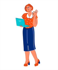 Business woman with laptop in hands showing OK gesture, cartoon vector illustration isolated on white background. Successful confident woman making career.