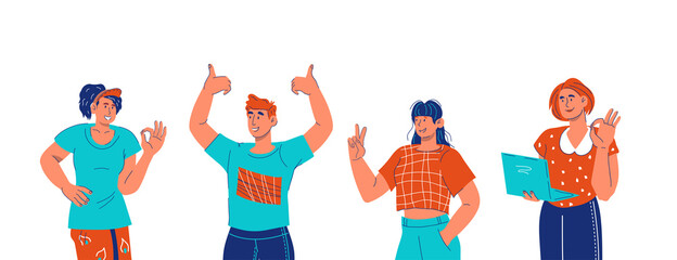 Group of young smiling people gesturing OK, Victory and thumb up gestures, cartoon vector illustration isolated on white background. Men and women raising up hands in sign of approval.