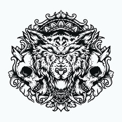 tattoo and t-shirt design wolf and skull engraving ornament premium vector
