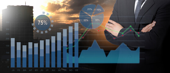Double successful businessman with business graph and city background Concept of business life
