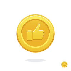 Like icon. Hand like. Thumb up. Social media sign. Seal of approval. OK sign. Like symbol. Premium quality. Achievement badge. Quality mark. Gold medal.  Coin with the Like. Gold game coin. Coin icon.