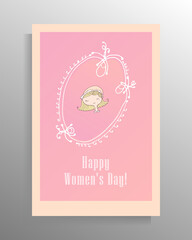 Postcard women's day. Delicate design template in pastel colors with cute doodle girl. Vector illustration.