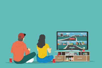 Boy and girl playing TV game. Vector illustration. © wildtuna