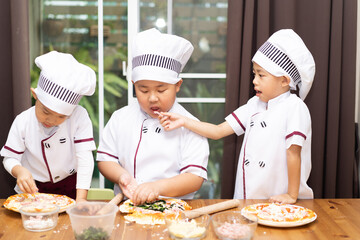 Brothers are make bun for pizza.