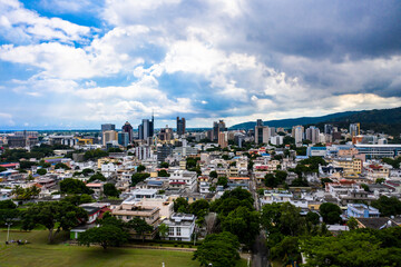 Aerial view, city view of Port Louis with harbor, old town and financial district, Mauritius