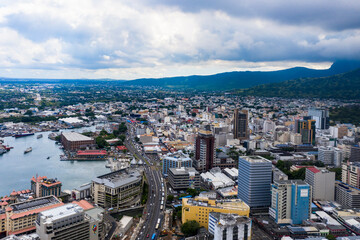 Aerial view, city view of Port Louis with harbor, old town and financial district, Mauritius