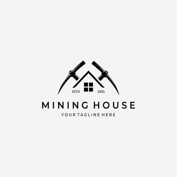 Mining House With Pickaxe Logo Vector Design Illustration Vintage, Gold Mine House, Digger Home Concept