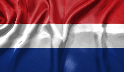 Netherlands flag wave close up. Full page Netherlands flying flag. Highly detailed realistic 3D rendering