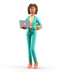 3D illustration of smiling african american woman holding laptop and paper coffee cup. Cute cartoon standing elegant businesswoman in green suit, isolated on white.