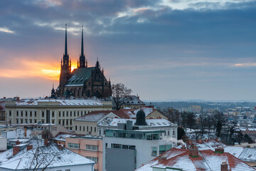 Aerial view of the The Cathedral of Saints Peter and Paul in Brno in Czech Republic. Winter sunrise time . View from Spilberk Castle 
