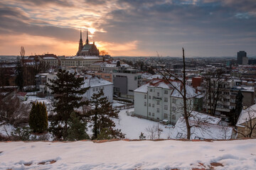 Panoramic  view of the The Cathedral of Saints Peter and Paul in Brno in Czech Republic. Long...