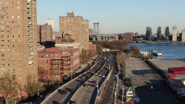 New York, NY, USA - February 1, 2020 : FDR Drive, a highway along the east side of Manhattan