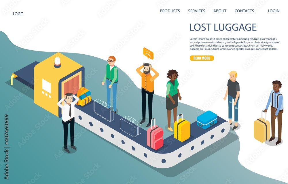 Poster lost baggage vector website template, landing page design for website and mobile site development. i