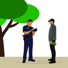 Policeman in uniform writing on paper and male character with bottle in hand stand outdoors near a tree