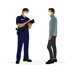 Policeman in uniform writing on paper and male character in medical masks standing on white background