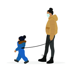 Female character in a medical mask is leading a small child on a special baby leash on a white background