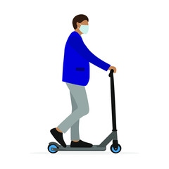 Male character wearing medical mask rides scooter on white background