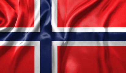 Norway flag wave close up. Full page Norway flying flag. Highly detailed realistic 3D rendering