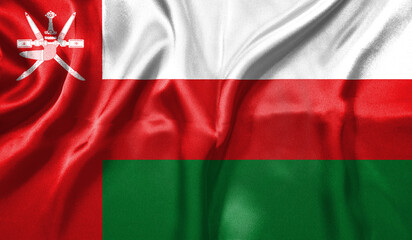 Oman flag wave close up. Full page Oman flying flag. Highly detailed realistic 3D rendering