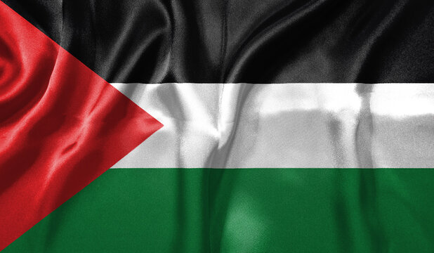 Palestine flag wave close up. Full page Palestine flying flag. Highly detailed realistic 3D rendering