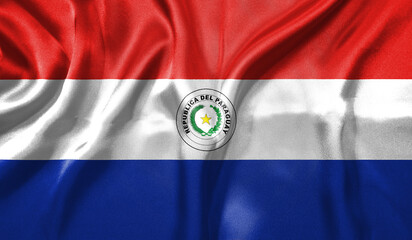 Paraguay flag wave close up. Full page Paraguay flying flag. Highly detailed realistic 3D rendering